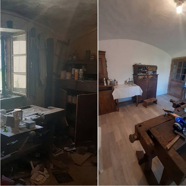Two pictures, side by side, showing a before and after of an old room with a vaulted ceiling. On the before picture, the room is cluttered and dirty. The after picture shows the room freshly painted and the old furniture has been cleaned and restored. Both pictures - though taken from opposite sides - show a workbench that is about a hundred years old and some antique cupboards.